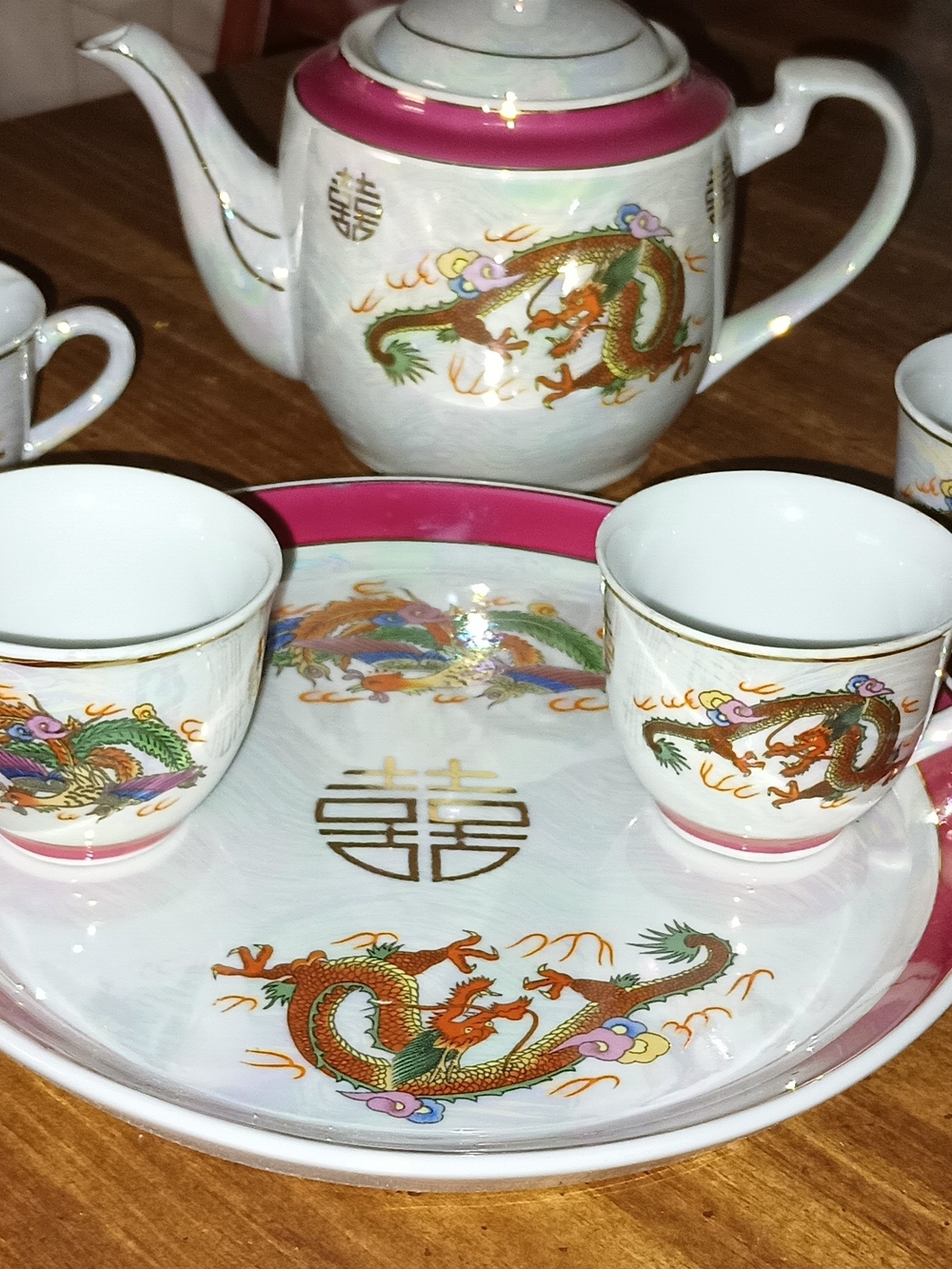 Porcelain Dragon Tea Set - White and Pink Accent With Gold Detailing.